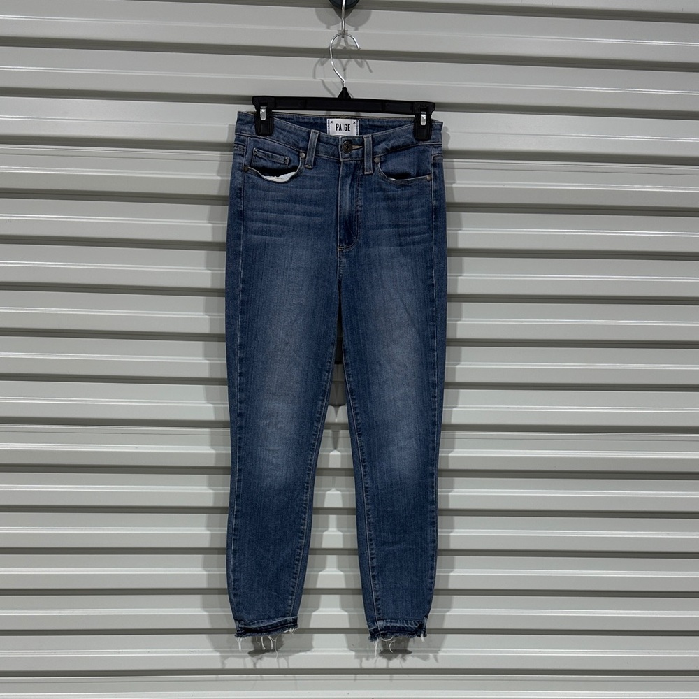 PAIGE Medium Blue Cropped Ankle Jeans with Raw Hem